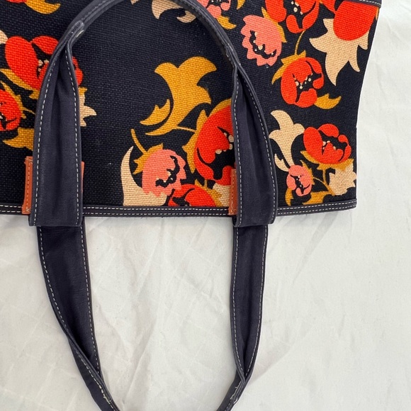 Spartina 449 Navy Blue Floral‎ 17” X 11” Orange Tan Purse Handbag - Picture 4 of 7